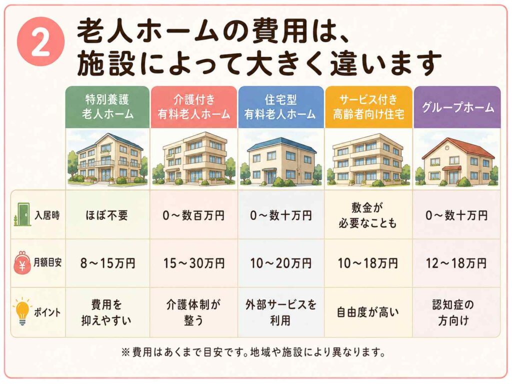 02_老人ホーム施設別費用比較-1024x768 第3回 親の介護を考え始めたら読む! 老人ホームの費用はいくら? 年金だけでも入居できる?